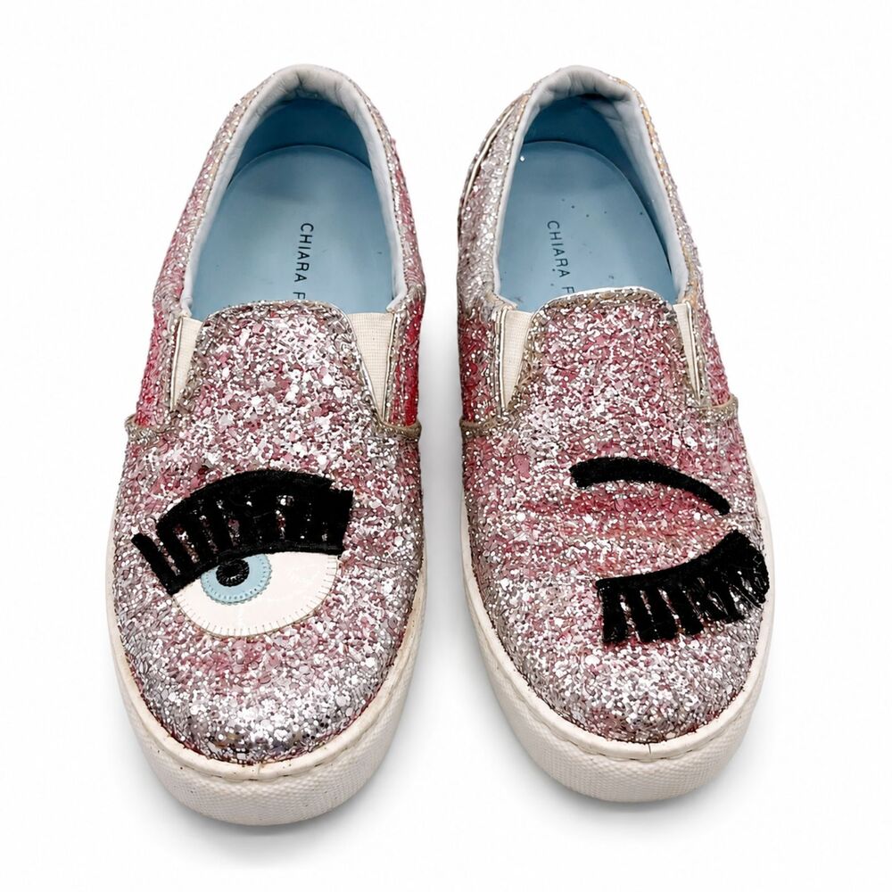 Chiara Ferragni Blink Eye Women’s Size 6 Silver Glitter Slip On Designer Street
